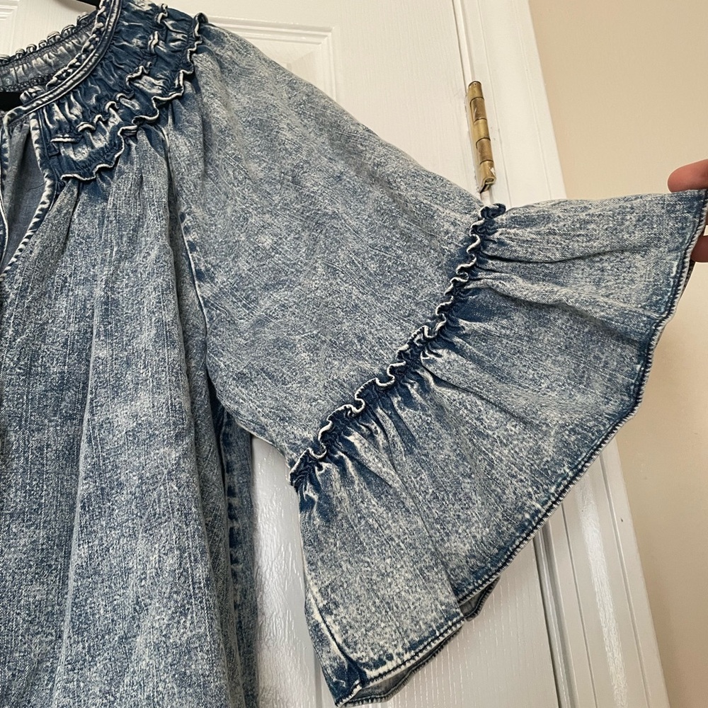 Free People Washed Blue Ruffle Peasant Tunic - Picture 4 of 7